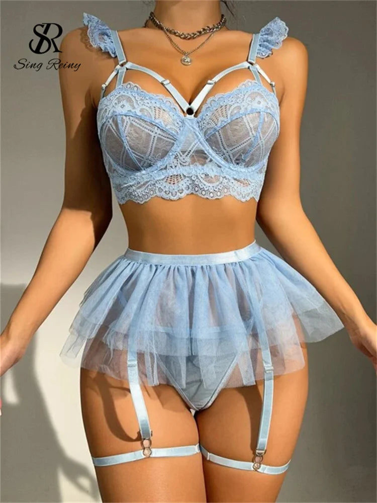 SINGREINY Lace Mesh Sexy Bra&Briefs Suits Croset Shapewear Women Lingerie Backless Slim Erotic Fashion Sheer Underwear Sets