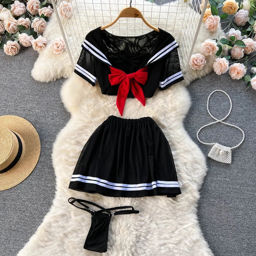 Feminino sexy transparente marinheiro estudante uniforme cosplay traje com puro bowknot listra retalhos topo + mini saia conjunto de 2 peças