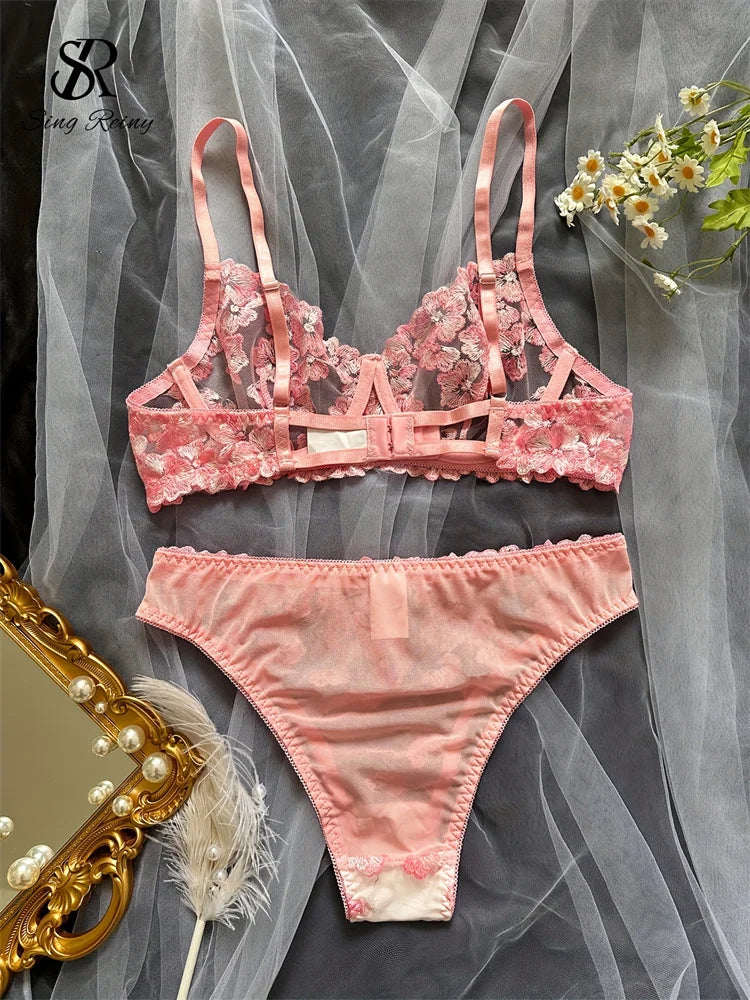 Singiny francês floral puro conjuntos de roupa interior sem mangas magro lingerie feminina bordado renda erótica sexy 2 peças ternos