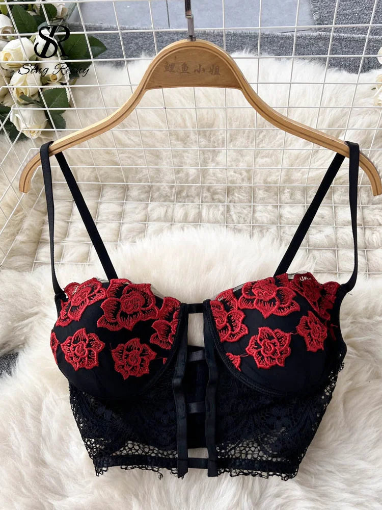 Singiny lingerie sensual floral renda 2 peças ternos sem costas bordado lingerie curto íntimo puro conjuntos de roupa interior erótica