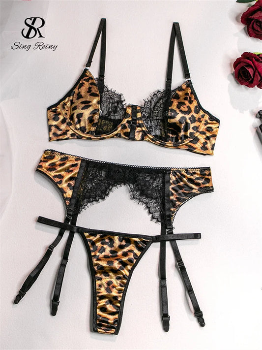 Singiny leopardo renda emendado sensual sutiã e cuecas ternos porno sem alças espartilho terno lingerie feminino clube bainha conjuntos de roupa interior