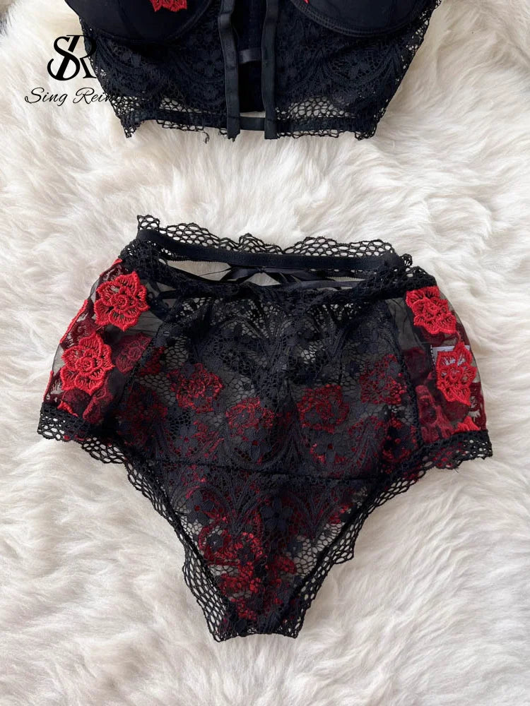 Singiny lingerie sensual floral renda 2 peças ternos sem costas bordado lingerie curto íntimo puro conjuntos de roupa interior erótica