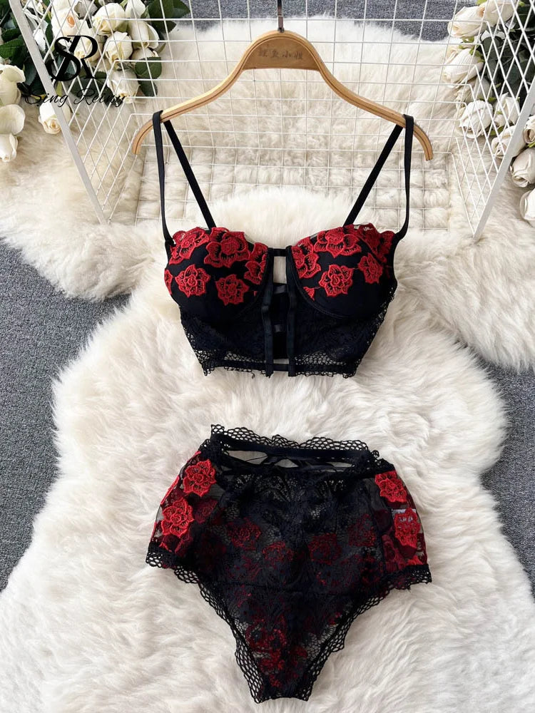 Singiny lingerie sensual floral renda 2 peças ternos sem costas bordado lingerie curto íntimo puro conjuntos de roupa interior erótica