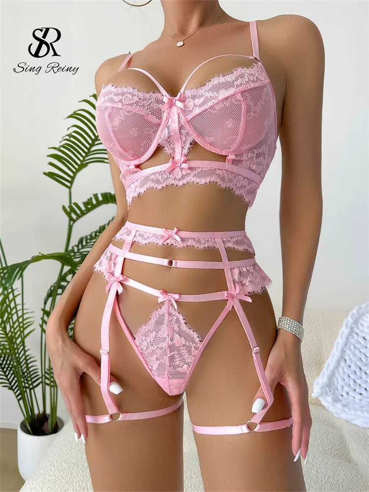 Singiny sólido renda sexualidade lingerie ternos feminino arco sheer magro sleepwear feminino sem alças erótica espartilho conjuntos de roupa interior