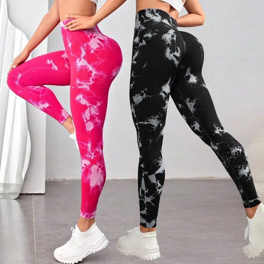Seamless Tie-Dye High-Waist Yoga Leggings: Peach Lift Tight Workout Pants for Women