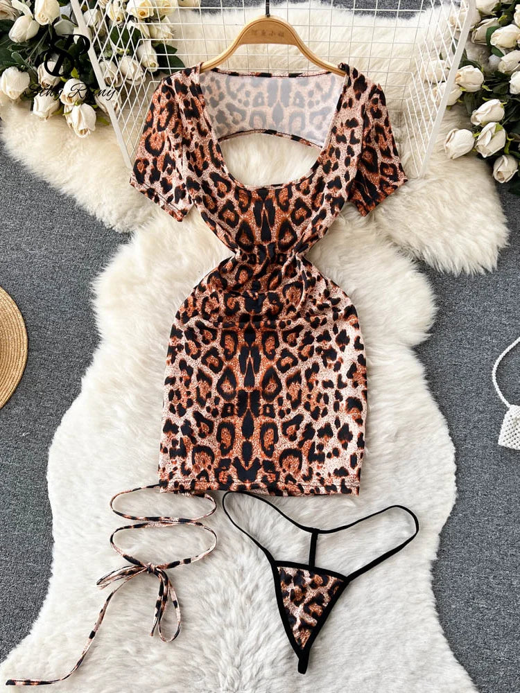 Singiny leopardo sensual porno roupa interior feminina design de renda sem costas roupa de noite manga curta magro sexy streetwear noite vestido