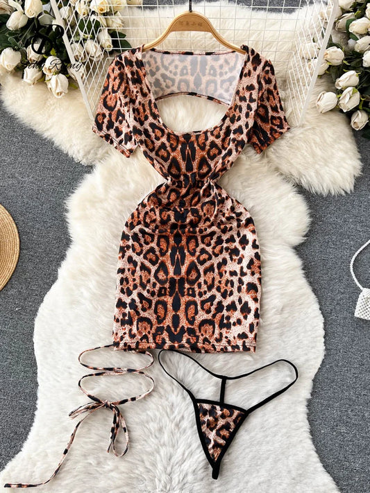 Singiny leopardo sensual porno roupa interior feminina design de renda sem costas roupa de noite manga curta magro sexy streetwear noite vestido