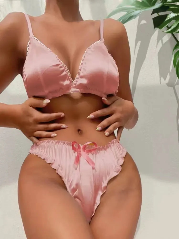 Sexy coração impresso conjuntos de lingerie para mulheres cetim sutiã de seda calcinha pijamas conjunto macio sleepwear erótico babydolls trajes plus size