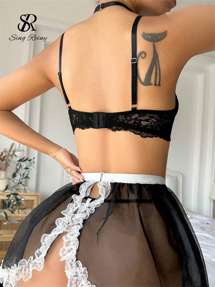 Singiny lingerie sexy de renda, sutiã e cuecas, trajes femininos, camis, conjunto de empregada, roupa modeladora, fantasia de cosplay, conjuntos de roupa íntima erótica pura