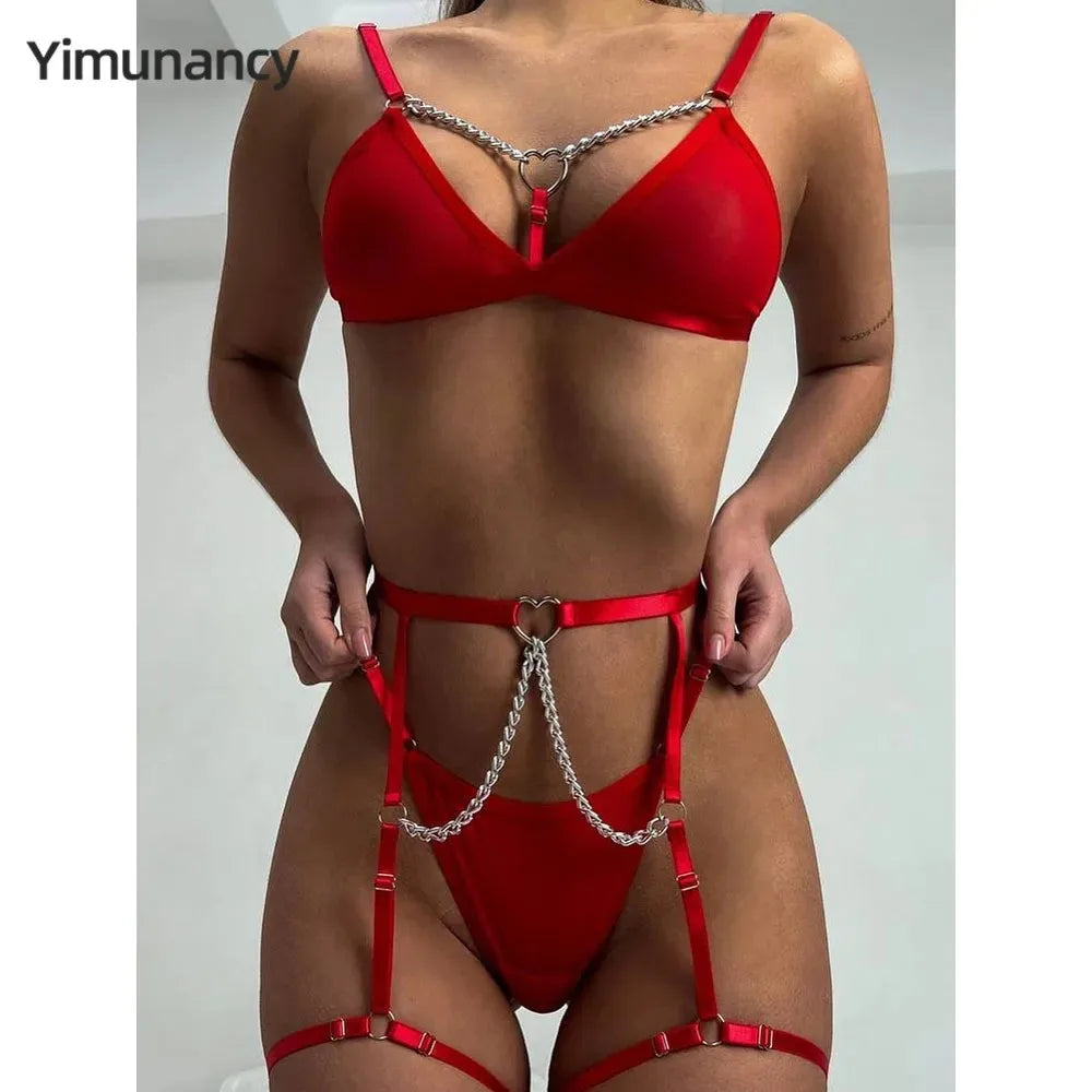 Yimunancy Sheer Mesh Lingerie Set Women Heart Chain erotic 3-Piece Bra + Panty Underwear Set