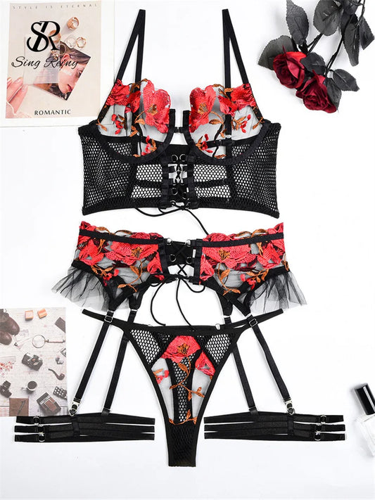 Singiny feminino erótico floarl conjuntos de roupa interior pura cruz bandagem bordado lingerie oco para fora malha sexualidade 4 peças ternos