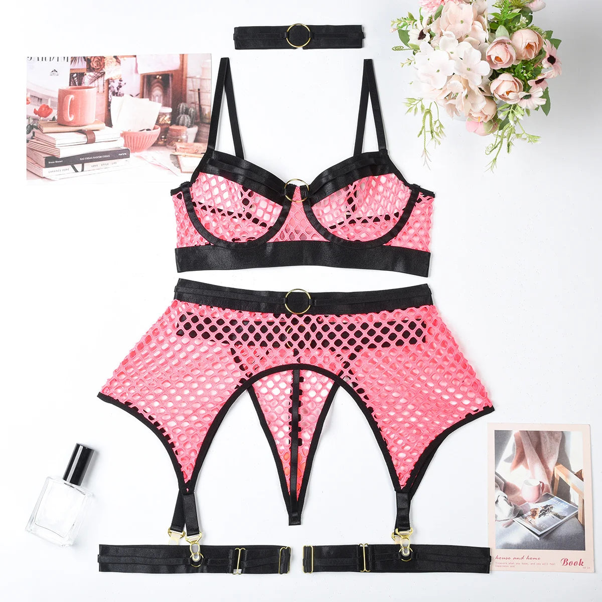 Singiny malha porno lingerie 4 peças ternos feminino cintas bainha shapewear conjunto moda sem costas croset conjuntos de roupa interior sexy