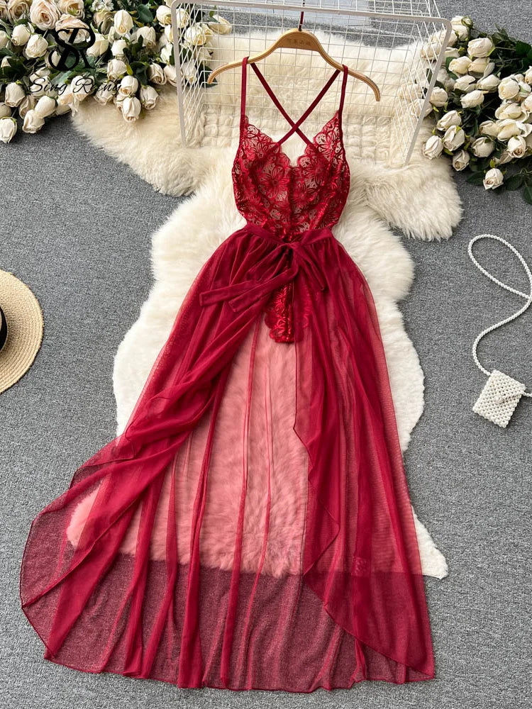 Singiny renda sensual erótica duas peças ternos camis curtos bodysuits tops + midi saias de chiffon de malha longa conjuntos de roupas íntimas femininas