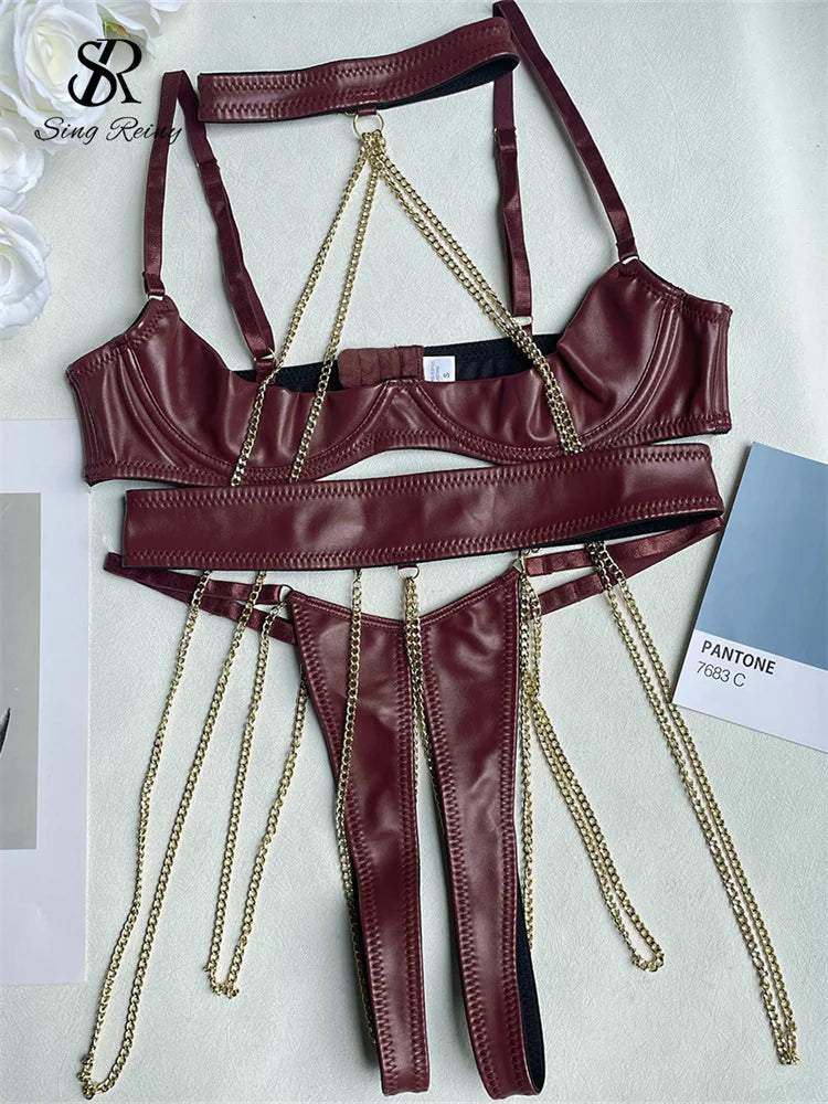 Singiny conjunto feminino de sutiã e cuecas eróticas com corrente, bainha oca, halter, lingerie, moda sólida, sensual, roupa íntima, ternos