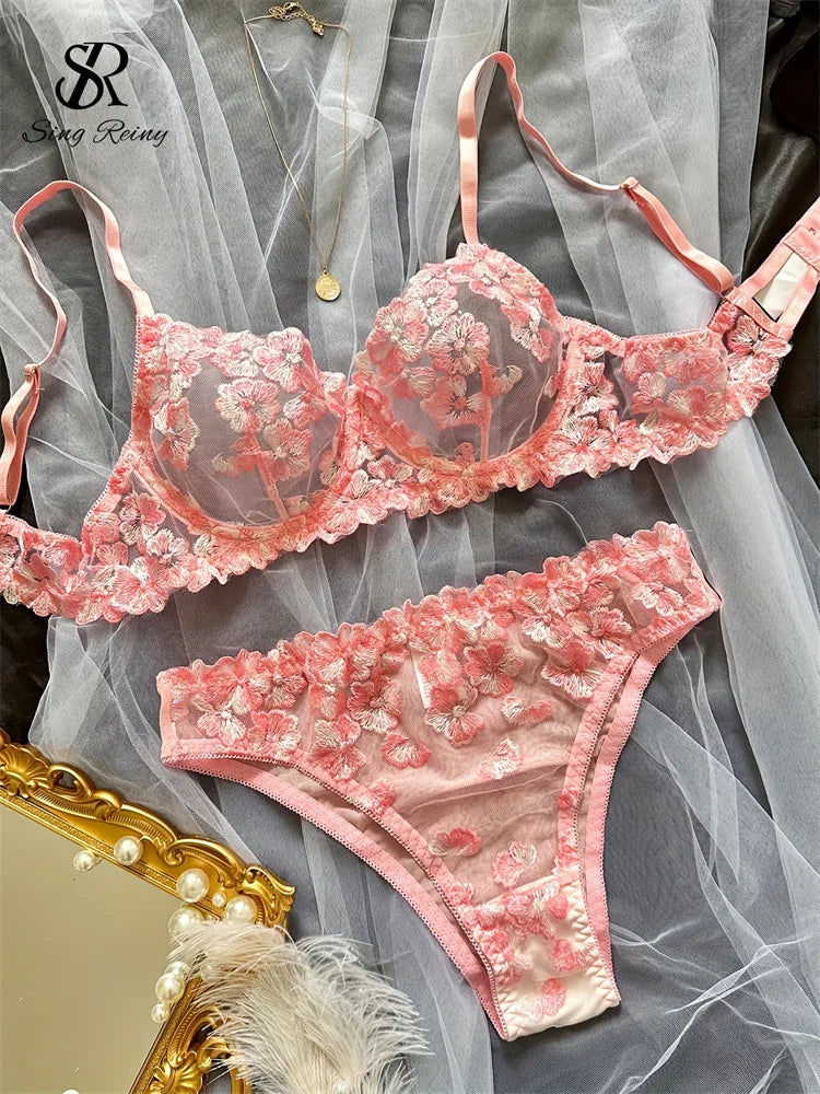 Singiny francês floral puro conjuntos de roupa interior sem mangas magro lingerie feminina bordado renda erótica sexy 2 peças ternos