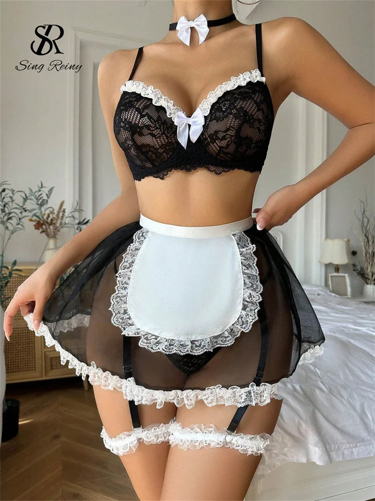 Singiny lingerie sexy de renda, sutiã e cuecas, trajes femininos, camis, conjunto de empregada, roupa modeladora, fantasia de cosplay, conjuntos de roupa íntima erótica pura