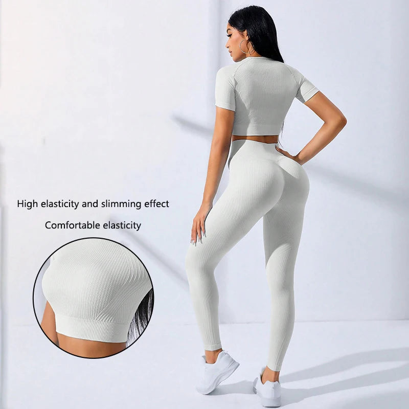 YogaGlam Seamless Set - High-Waist Butt Lift Leggings and Midriff-Baring Tank Top