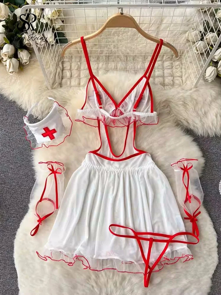 Singiny sexulidade renda lingerie conjuntos de roupa de noite feminina oco para fora camis sem alças pijamas 2023 puro sexy erótico noite vestido terno