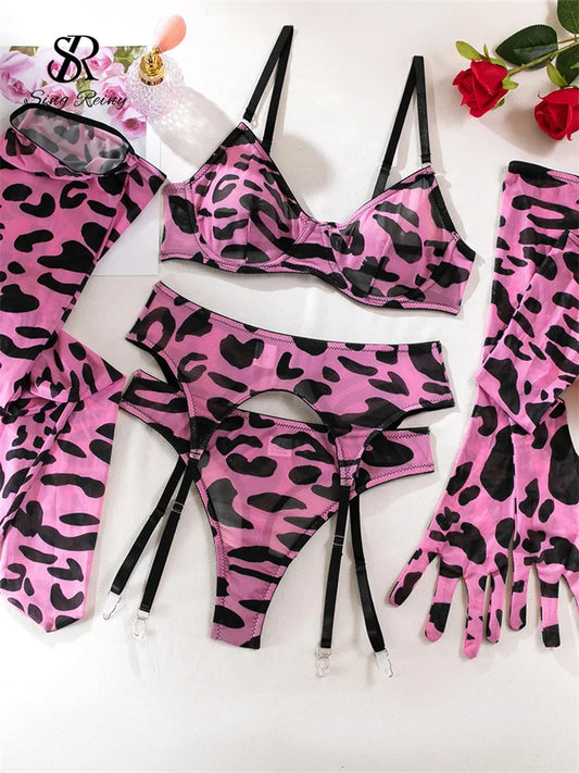 Singiny leopardo sexy roupa interior ternos cinta de espaguete bainha feminino shapewear lingerie feminina moda clube erótico 5 peças conjuntos