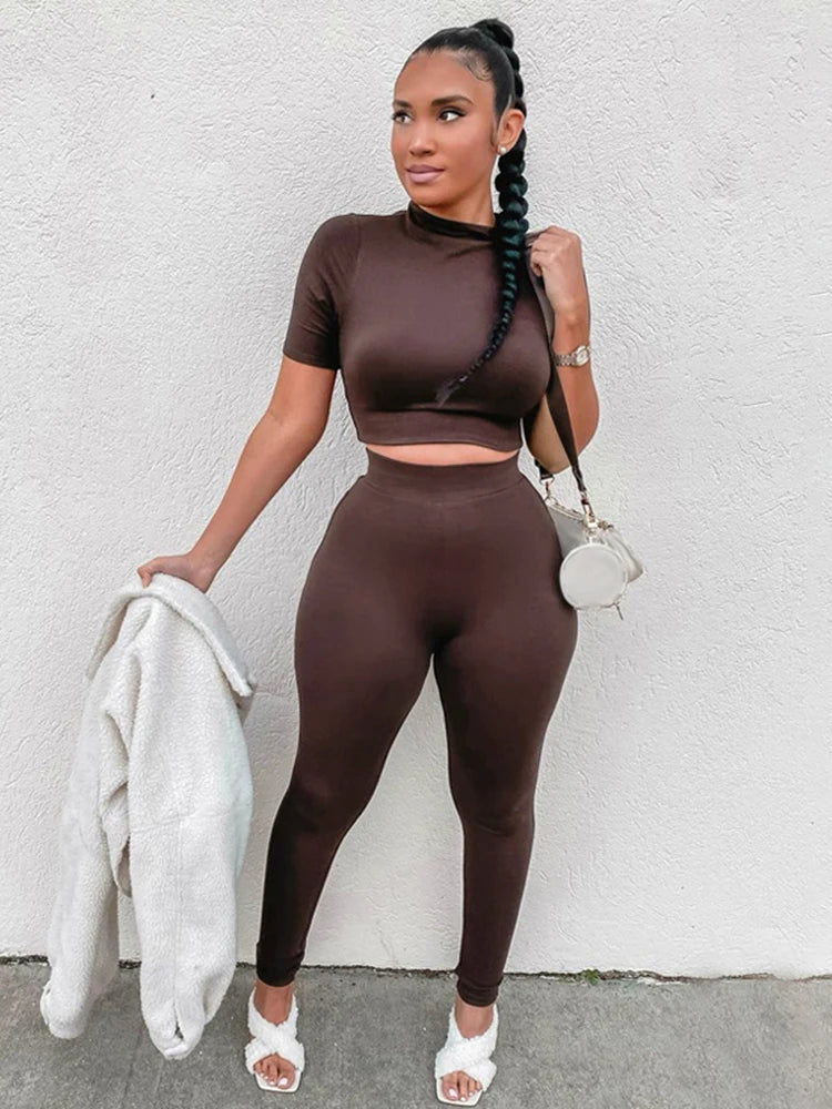 HugCitar Solid 2-Piece Set - Short Sleeve Crop Top and High-Waist Leggings