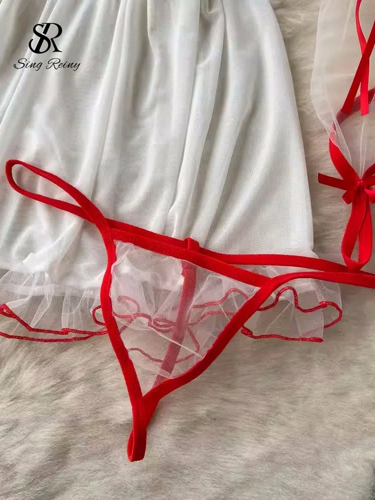 Singiny sexulidade renda lingerie conjuntos de roupa de noite feminina oco para fora camis sem alças pijamas 2023 puro sexy erótico noite vestido terno