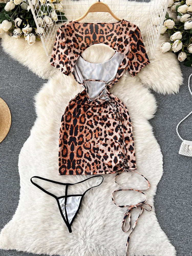 Singiny leopardo sensual porno roupa interior feminina design de renda sem costas roupa de noite manga curta magro sexy streetwear noite vestido