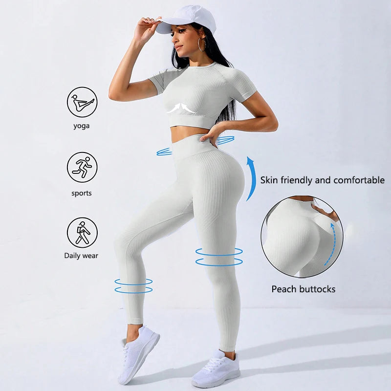 YogaGlam Seamless Set - High-Waist Butt Lift Leggings and Midriff-Baring Tank Top