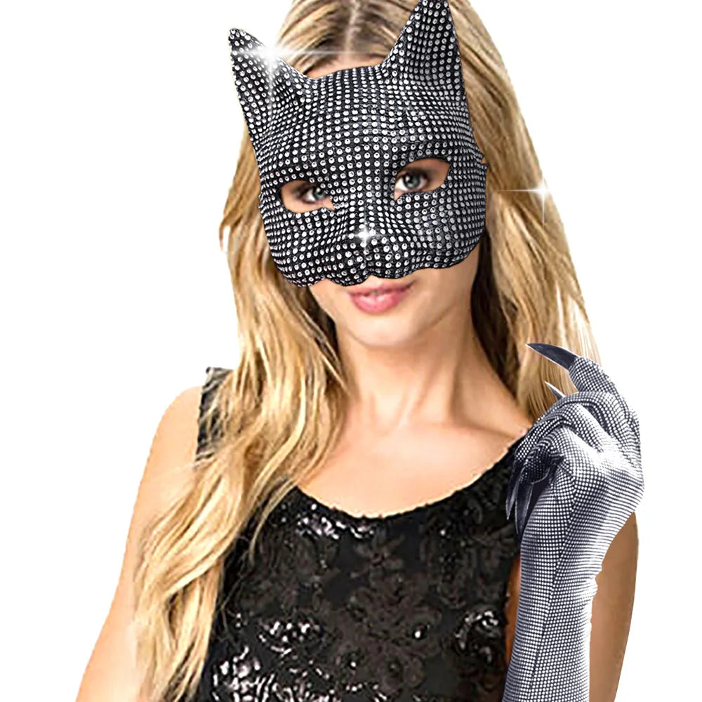 Gato meninas diamante máscara luvas conjunto sexy capa de rosto cosplay festa vestir prop acessórios gatos mulher traje luvas de máscaras